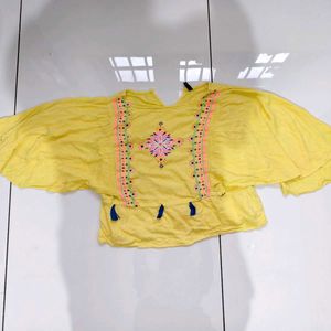 Yellow Embroidered Top with Tassels