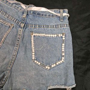 Cute Swan Embroidered Denim Shorts