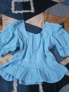 Crop Blue Gingham Square Neck Top