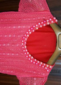 Elegant Pink Lace Kurta with Pearl Neckline
