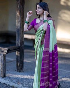 Elegant Light Green &amp; Purple Silk Saree