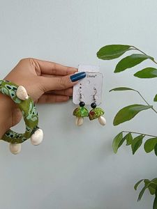 handmade Green Fabric Jhumka Earrings &amp; Bracelet