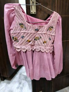 Pink top with Crochet and Pleats