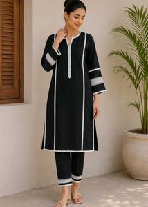 XL - Black Kurta with White Lace