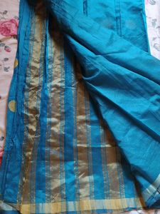 Teal Blue Saree with Gold Polka Dots