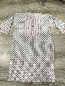 White Printed Kurta with Red Embroidery
