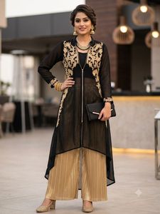 Stunning Black &amp; Gold High-Low Georgette Kurti wit