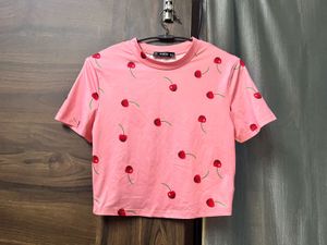Pink Cherry Print Cropped T-Shirt