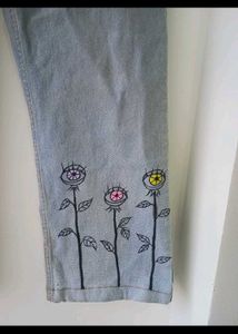 boho straight blue jeans w fabric floral eye art
