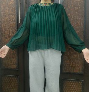 Emerald Green Pleated Sheer Top