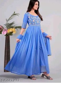 Elegant Blue Embroidered Kurta Set 3pc M