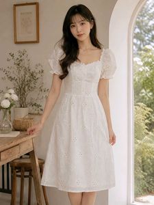 Elegant White Puff Sleeve Midi Dress