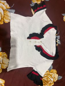 White Ribbed Top with Ruffle Sleeves