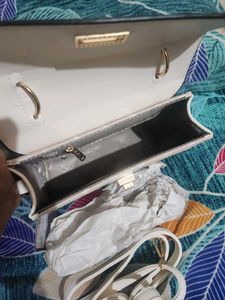 Chic White &amp; Beige Handbag with Scarf Detail