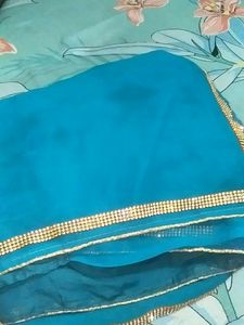 Rama Green Saree With Golden Jurkan Lace And Wit