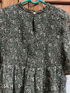 Green Floral Smocked Peplum Top