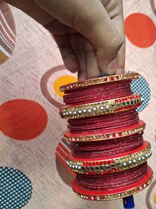 Red &amp; Gold Embellished Bangle Set