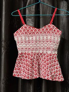 Chic Red & White Embroidered Peplum Top