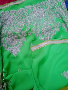 🆕NEW Green Silver Embroidery Saree With Blouse