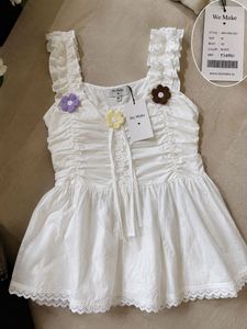 Cute White Cotton Top with Flower Embellishments