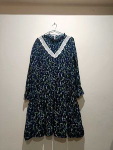 Vintage Navy Blue Floral Ruffle Dress with Lace V-