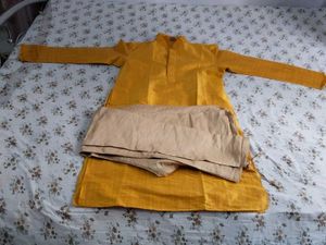 Manyavar Men's Yellow Kurta with Beige Pants