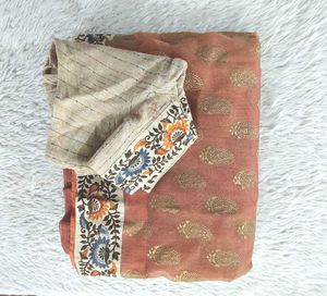 Coral And Beige Embroidered Saree (Women's)