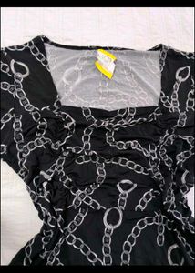 Chic Black Chain Print Square Neck Dress