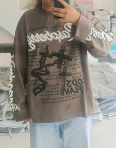 Oversized Graphic Print Long Sleeve Top (waffle  T