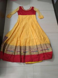 Designer Yellow &amp; Red Anarkali Gown with bandhni d