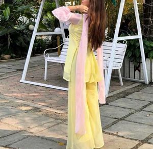 Elegant Yellow Kurta Set with Pink Dupatta