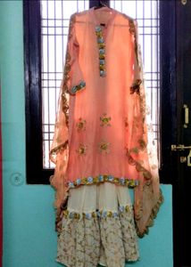 Peach Kurta Set With Gharara