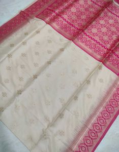 New Off white & Pink Pure Banarasi Silk Saree
