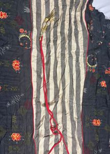 Dark Blue Printed Dupatta with Red Border
