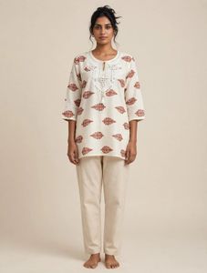 ❤️✨ CREAM PRINTED SHORT KURTI WITH SEQUIN NECKLINE