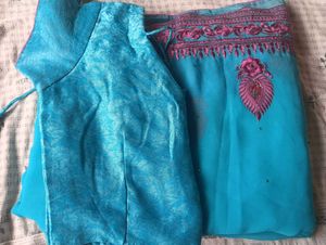 Set Of Beautiful Teal Saree with Pink Embroidery A