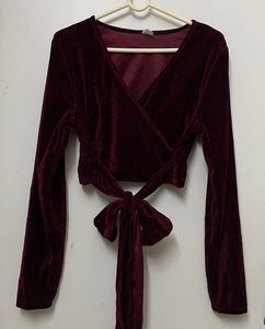 Velvet Wrap Long Sleeve Crop Top