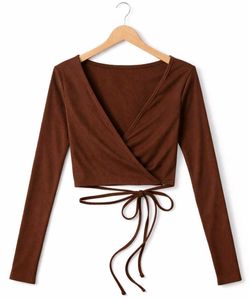 Brown Wrap Long Sleeve Crop Top