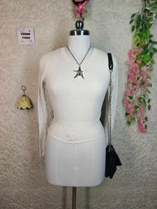 Cream Ribbed Knit Cropped Sweater