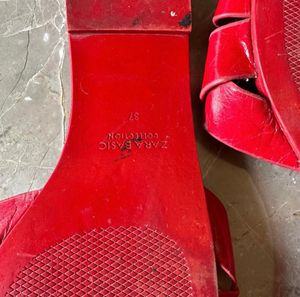 Zara Genuine LEATHER Red Basic Slides