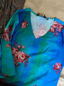 V-Neck Blue Floral Print Kurta