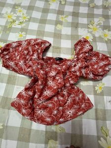 Red Floral Puff Sleeve Top