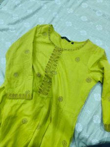 Melange lime yellow greenish Embroidered Kurta