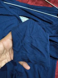 Navy Blue V-Neck Lace Trim Top