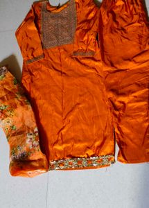 Orange Embroidered pant kurta dupatta set