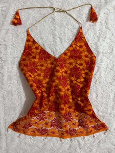 Orange Floral lacy Halter Neck backless top
