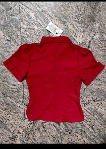 🎀Shein Red Ruched Button-Up Shirt