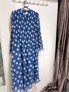 Blue Polka Dot Pleated Midi Dress