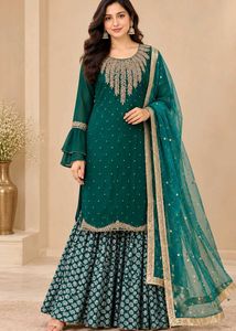 Elegant Teal Embroidered Kurta Set with Sharara