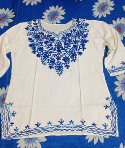 White Kurta with Blue Embroidery
